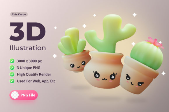 Elevate Your Digital Projects with High-Quality 3D Illustration Plants and Cute Cactus Assets